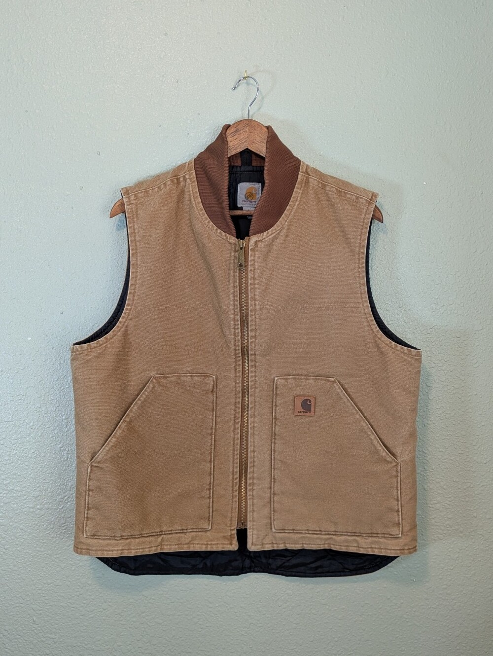 Carhartt Tan Sleeveless Work Vest with Brown Rib-Knit Collar